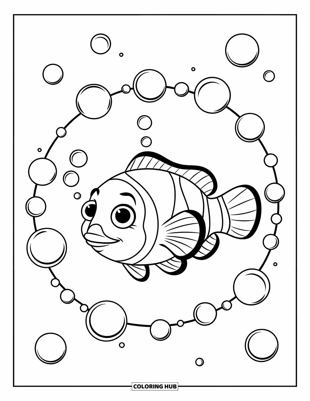 Disegno di pesce da colorare per bambini: Un allegro pesce pagliaccio con grandi occhi galleggia nell'acqua, circondato da un cerchio di bolle