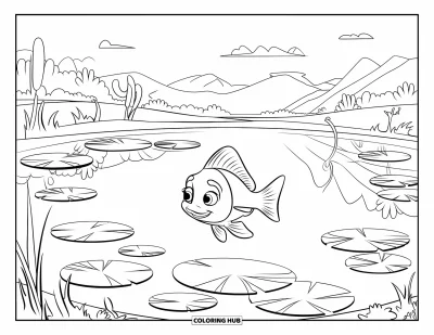 Fish Coloring Page for Kids: A cheerful fish glides through a pond, surrounded by floating lily pads and gentle ripples