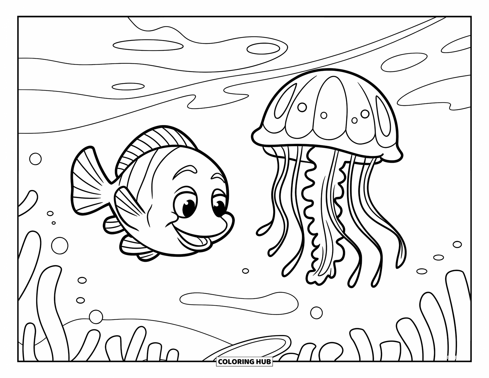 Disegno di pesce da colorare per bambini: Un allegro pesce con un ampio sorriso nuota accanto a una medusa in un tranquillo mondo sottomarino