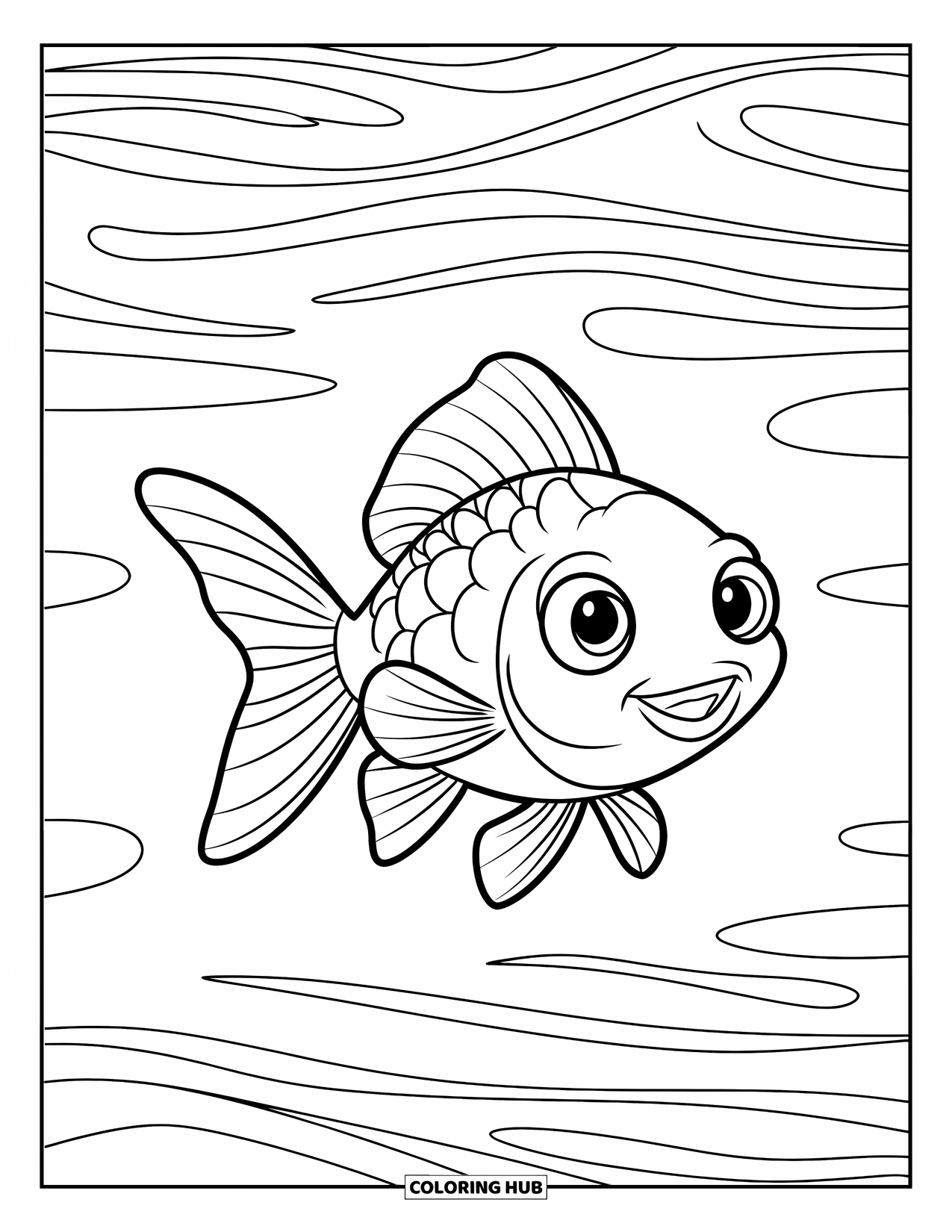Disegno di pesce da colorare per bambini: Un allegro pesce rosso con grandi occhi scivola attraverso delicate onde in uno specchio d'acqua sereno