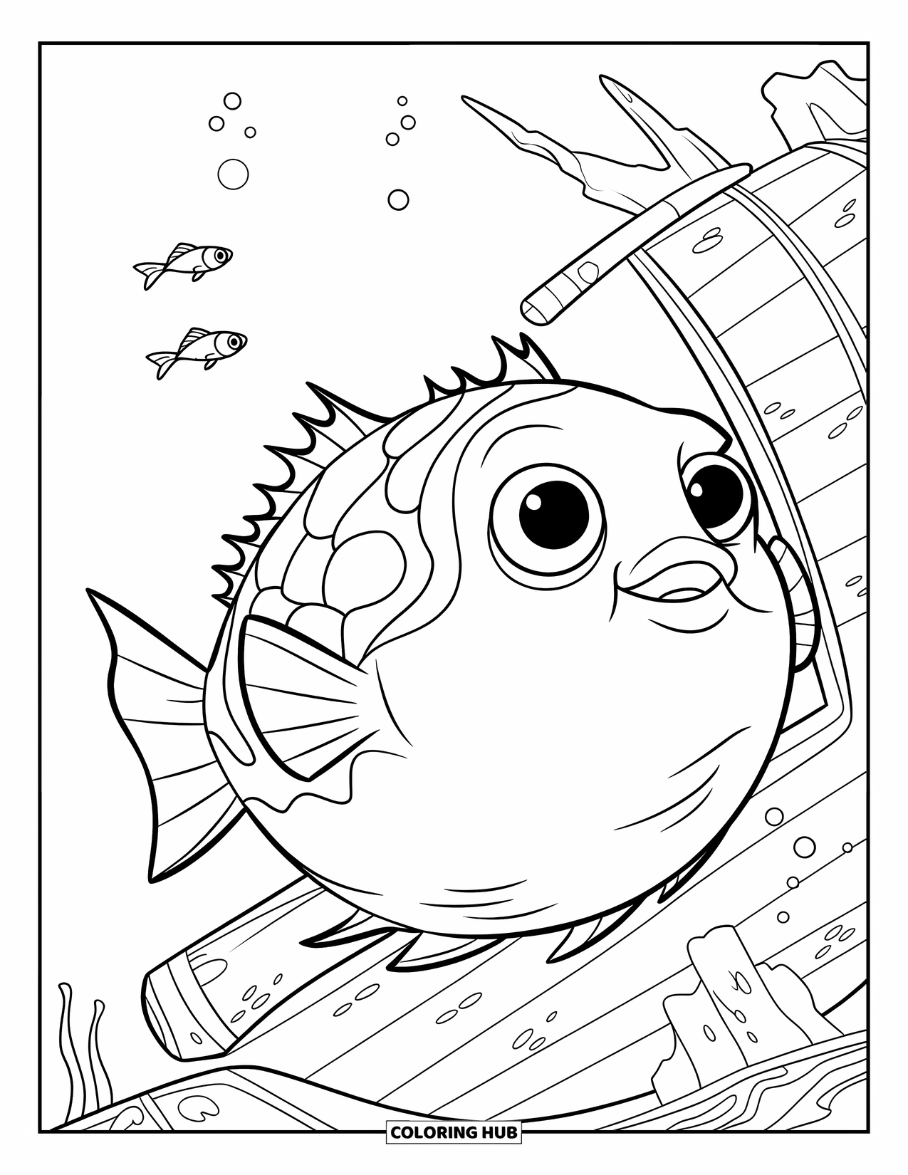 Disegno di pesce da colorare per bambini: Un allegro pesce palla galleggia vicino a un relitto, circondato da minuscoli pesci curiosi
