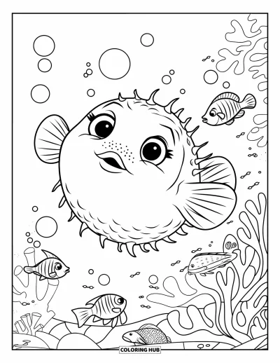 Fish Coloring Page for Kids: A cheerful pufferfish with tiny fins floats in a coral reef, surrounded by ocean bubbles