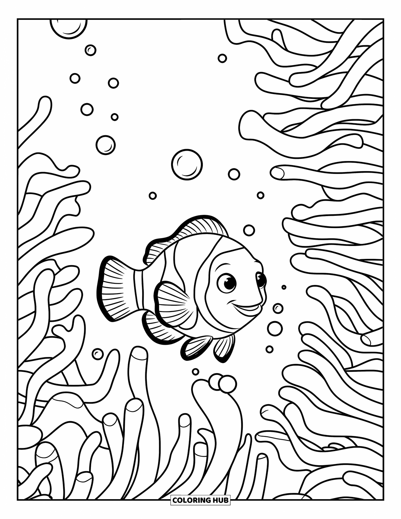 Disegno di pesce da colorare per bambini: Un pesce pagliaccio si snoda giocosamente tra i tentacoli ondeggianti di un vibrante anemone di mare