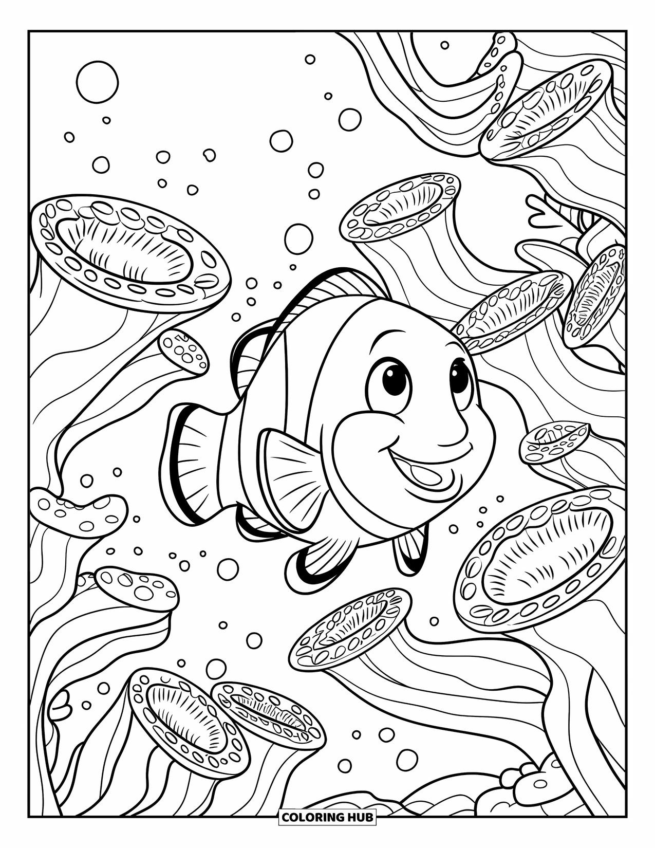 Disegno di pesce da colorare per bambini: Un pesce pagliaccio con un grande sorriso nuota tra gli anemoni di mare, circondato da delicate onde oceaniche