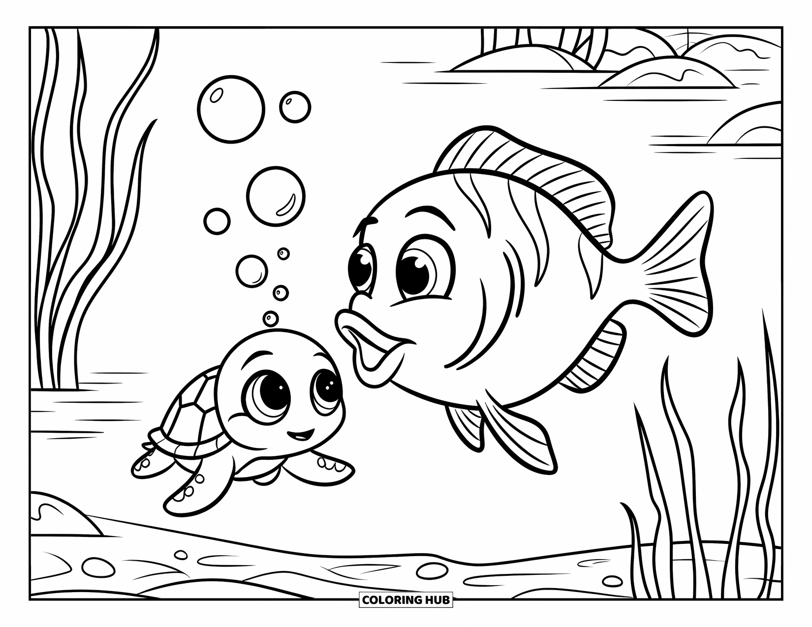 Disegno di pesce da colorare per bambini: Un pesce curioso soffia bolle mentre una piccola tartaruga marina passa in una scena sottomarina