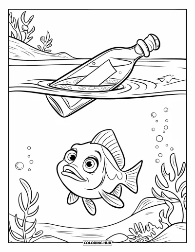 Fish Coloring Page for Kids: A curious fish gazes at a floating message in a bottle drifting in the water