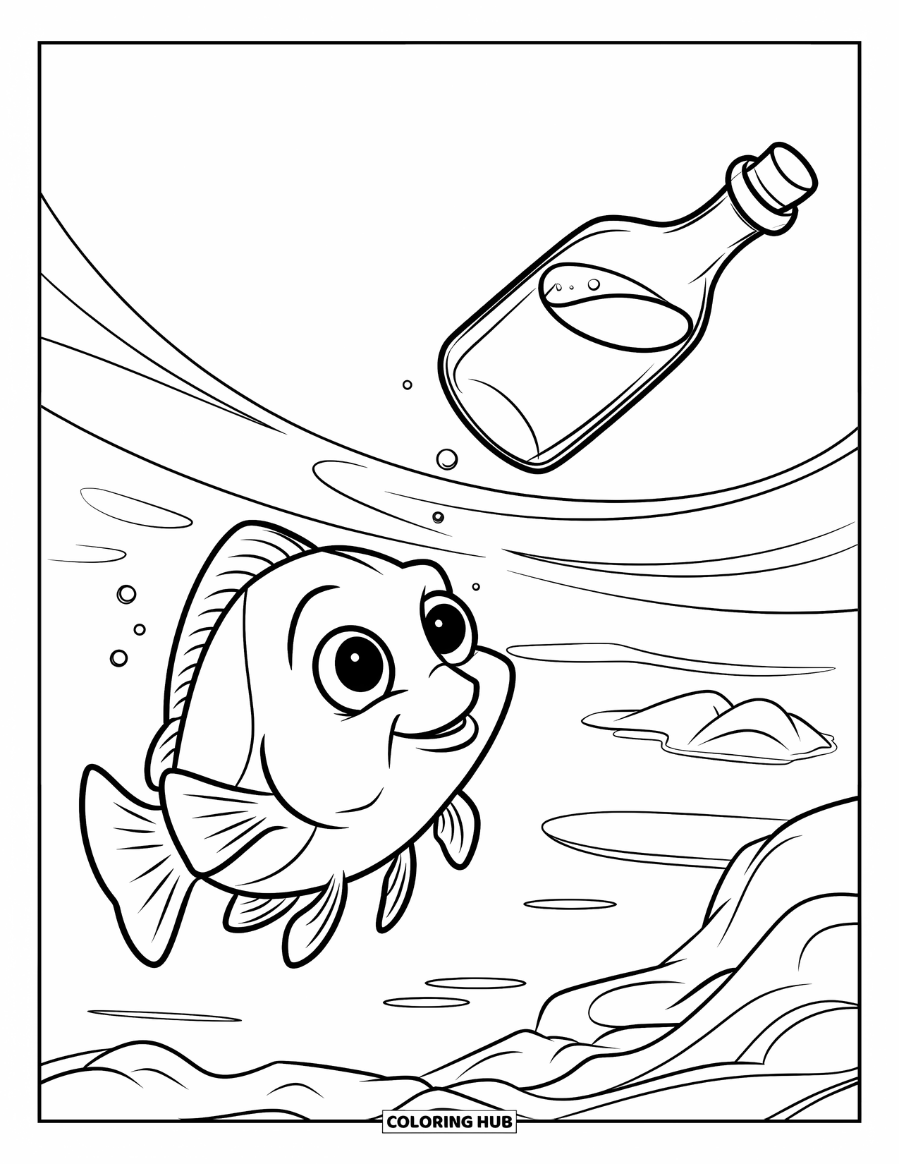 Disegno di pesce da colorare per bambini: Un pesce curioso fissa una bottiglia galleggiante, circondato da onde e rocce sparse
