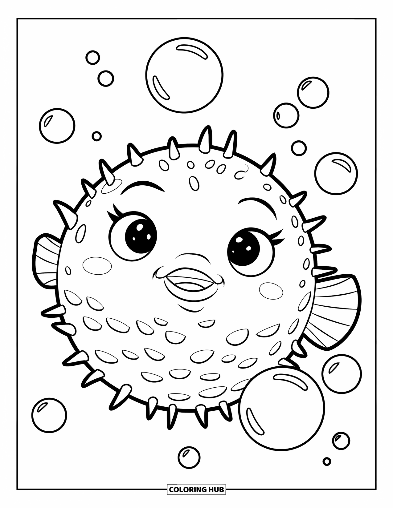 Disegno di pesce da colorare per bambini: Un simpatico pesce palla con minuscole spine galleggia nell'acqua, circondato da bolle giocose