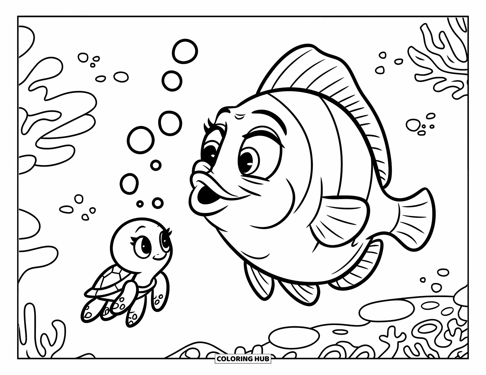 Disegno di pesce da colorare per bambini: Un pesce con un cappello soffia bolle mentre una minuscola tartaruga marina nuota sotto in una barriera corallina