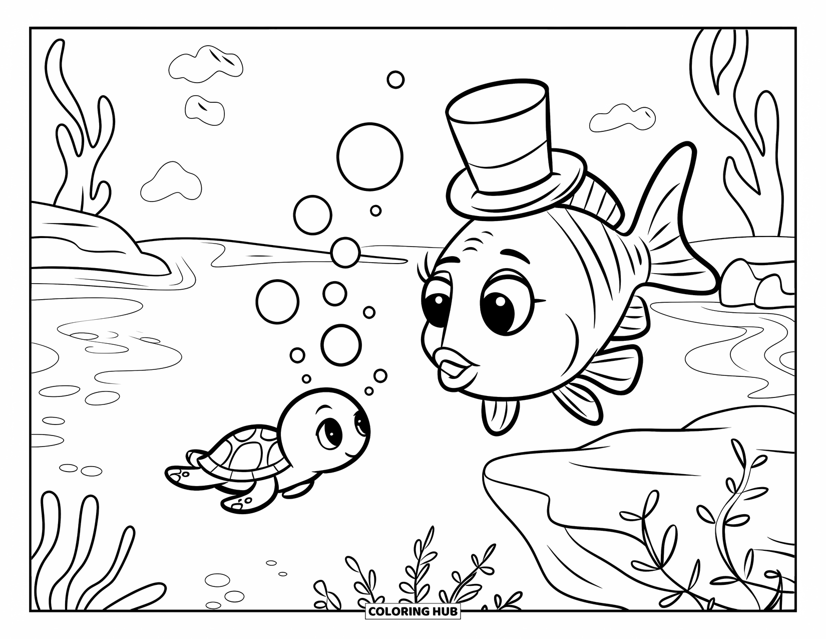 Disegno di pesce da colorare per bambini: Un pesce che indossa un cilindro siede su una roccia, soffiando bolle verso una tartaruga che nuota