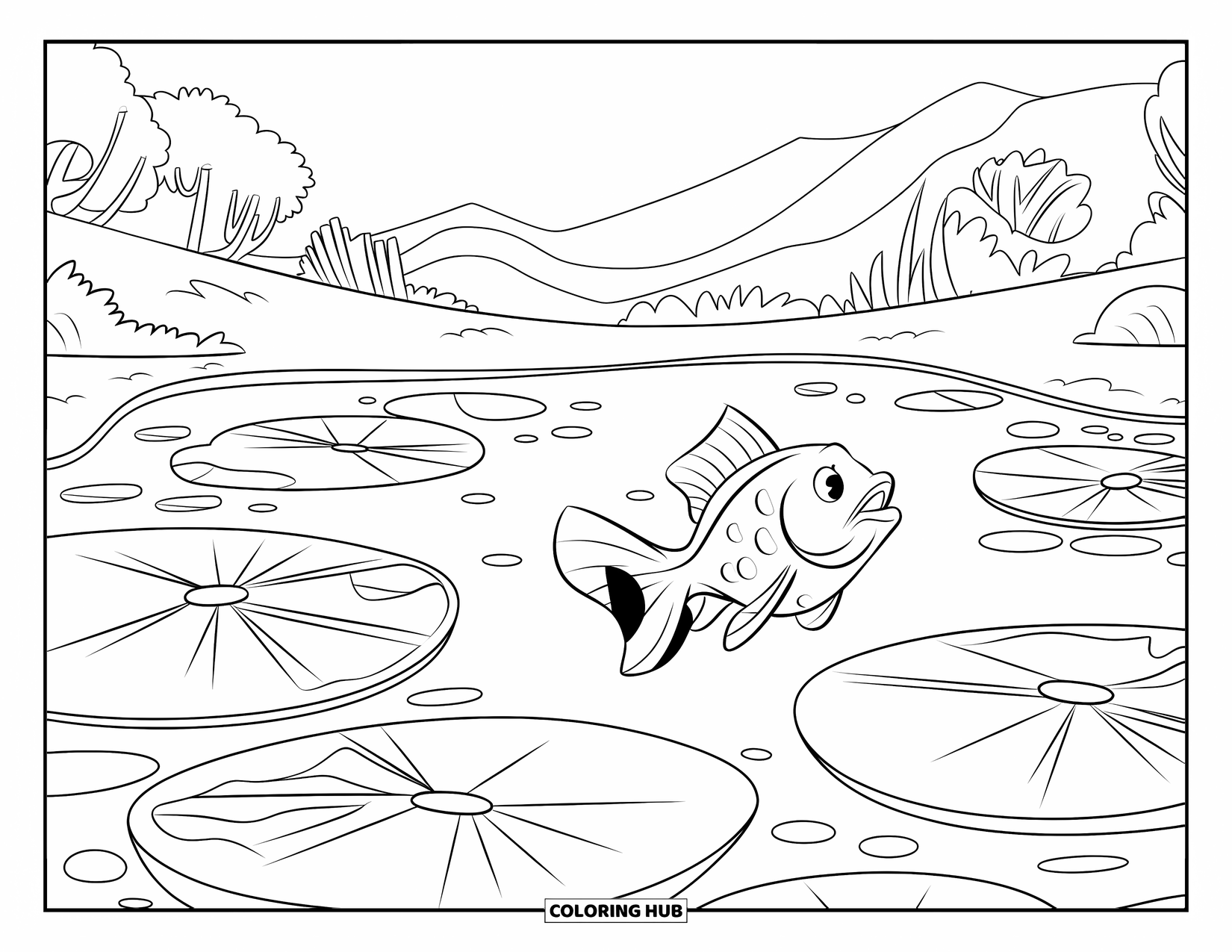 Disegno di pesce da colorare per bambini: Un pesce con una macchia luminosa vicino alla coda nuota attraverso un laghetto pieno di grandi ninfee