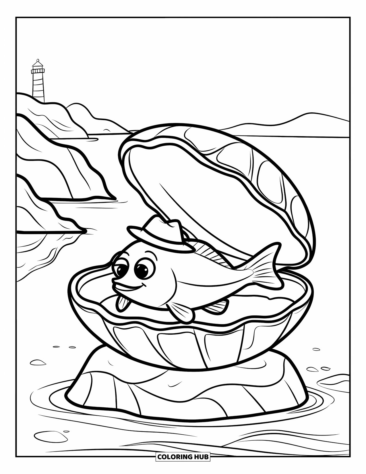 Disegno di pesce da colorare per bambini: Un pesce con un cappellino riposa all'interno di una conchiglia su una tranquilla costa rocciosa
