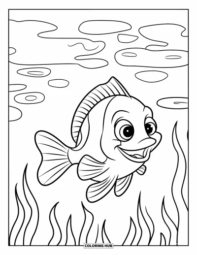 Fish Coloring Page for Kids: A fish with a wavy tail swims happily near floating seaweed in a gentle ocean scene