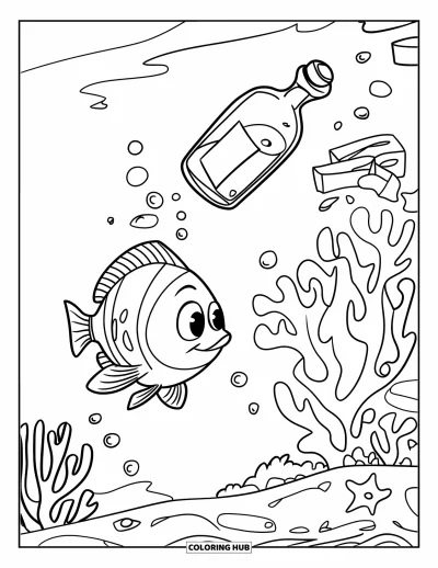 Fish Coloring Page for Kids: A fish with big eyes watches a floating message in a bottle near a coral reef