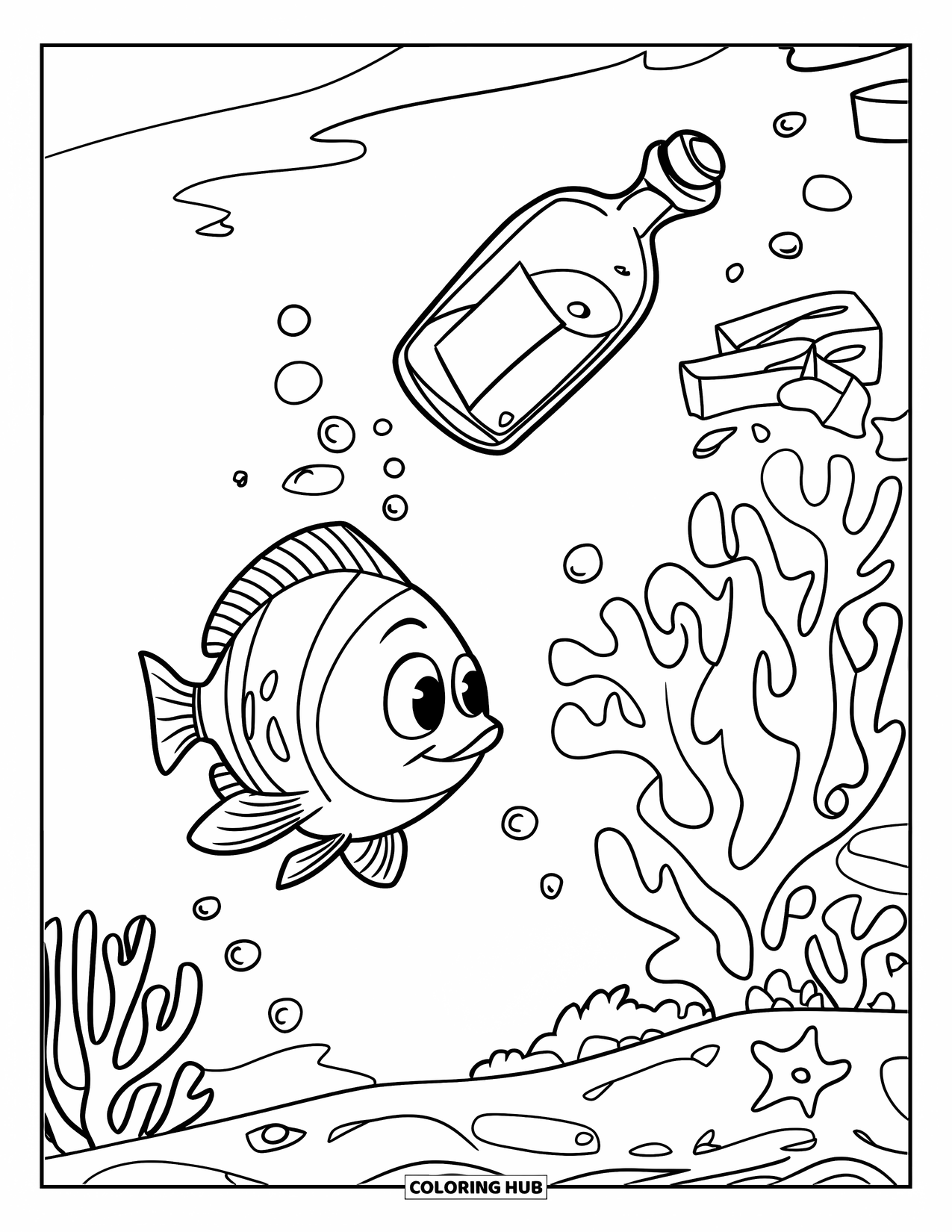 Desenho de peixe para colorir para crianças: Um peixe com olhos grandes observa uma mensagem flutuante em uma garrafa perto de um recife de coral