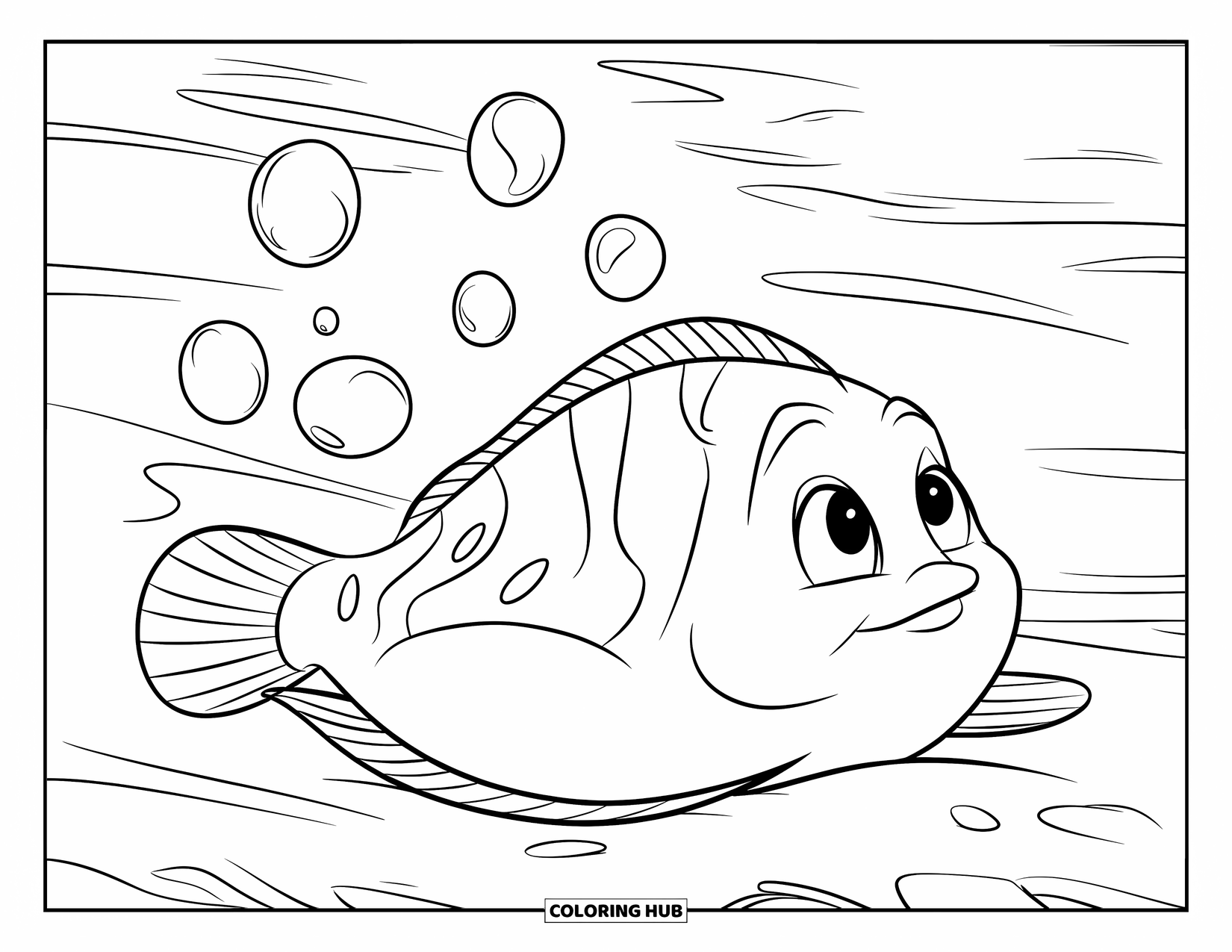 Disegno di pesce da colorare per bambini: Una passera di mare riposa sulla soffice sabbia oceanica, guardando le bolle galleggianti con grandi occhi rotondi