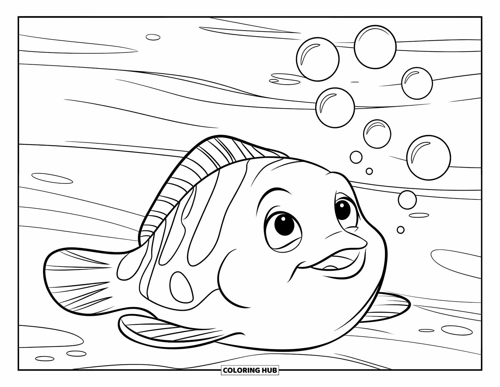 Disegno di pesce da colorare per bambini: Una passera di mare con grandi occhi curiosi riposa sulla sabbia oceanica, osservando le bolle che salgono verso l'alto
