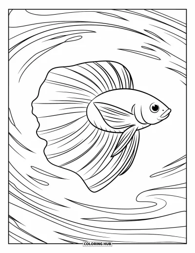 Fish Coloring Page for Kids: A flowing betta fish swims through gentle water currents, its long fins rippling beautifully