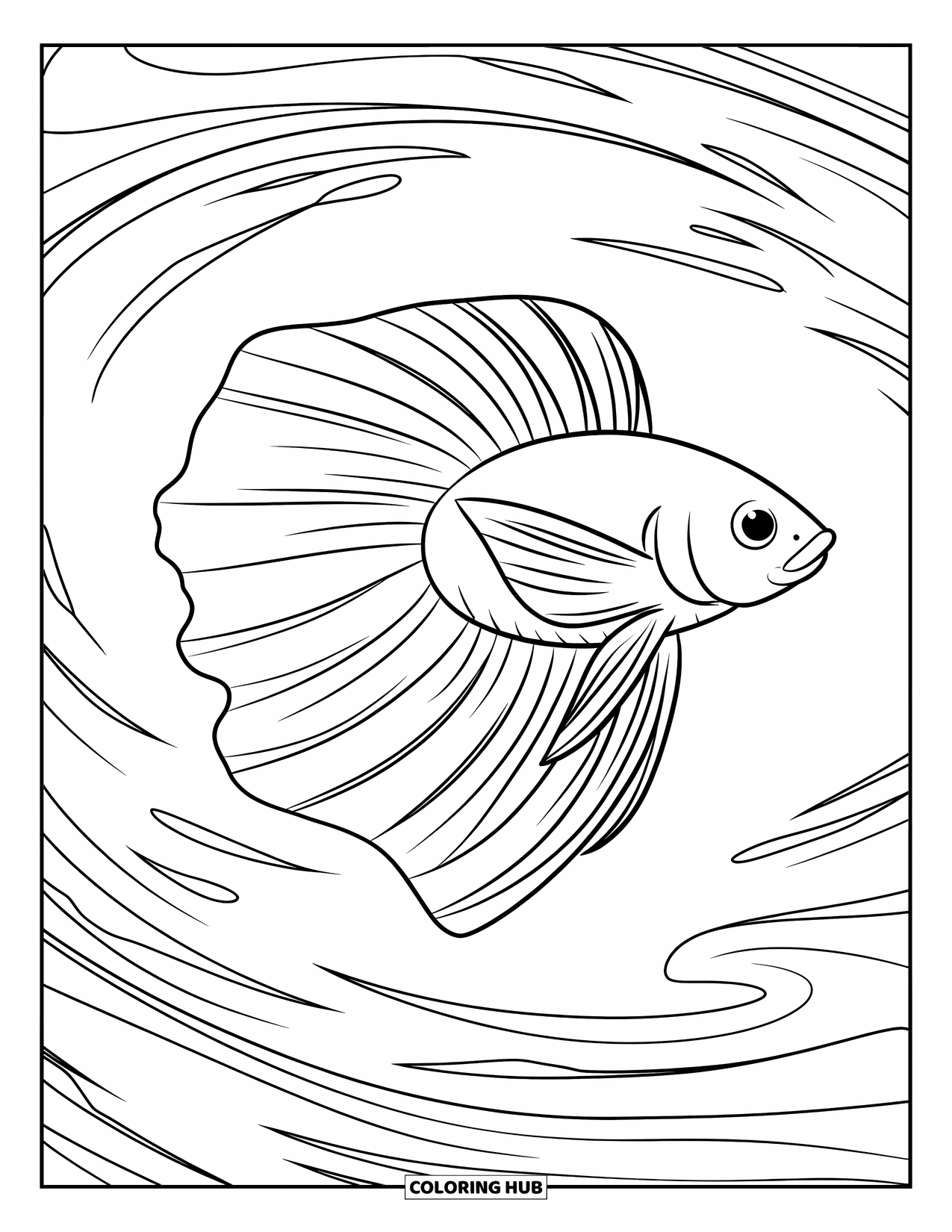 Disegno di pesce da colorare per bambini: Un pesce betta fluente nuota attraverso delicate correnti d'acqua, con le sue lunghe pinne che si increspano magnificamente