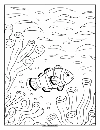 Fish Coloring Page for Kids: A friendly clownfish with bold stripes drifts near wavy coral in a vast ocean