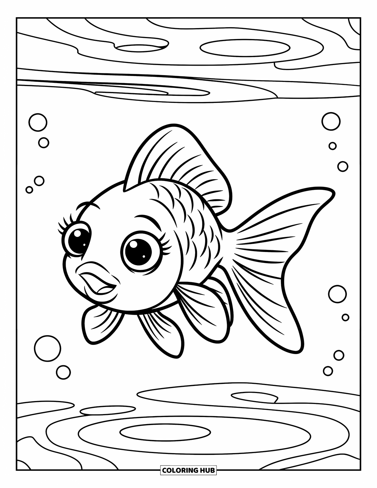 Disegno di pesce da colorare per bambini: Un simpatico pesce rosso con minuscole pinne nuota in acque calme, circondato da bolle e increspature