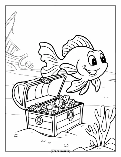 Fish Coloring Page for Kids: A goldfish wearing a hat swims near a chest of gold, surrounded by coral and a shipwreck