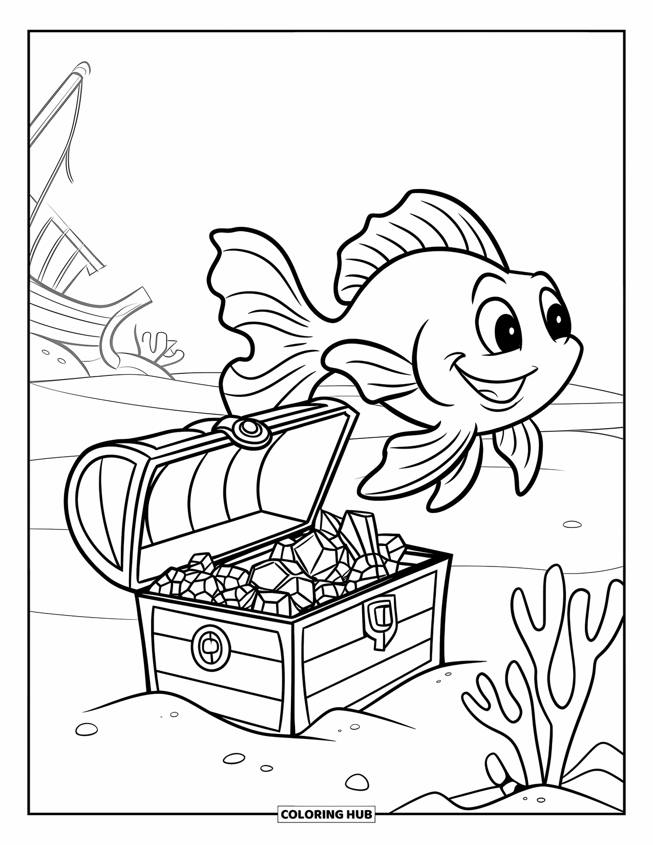 Desenho de peixe para colorir para crianças: Um peixinho dourado usando um chapéu nada perto de um baú de ouro, cercado por corais e um naufrágio