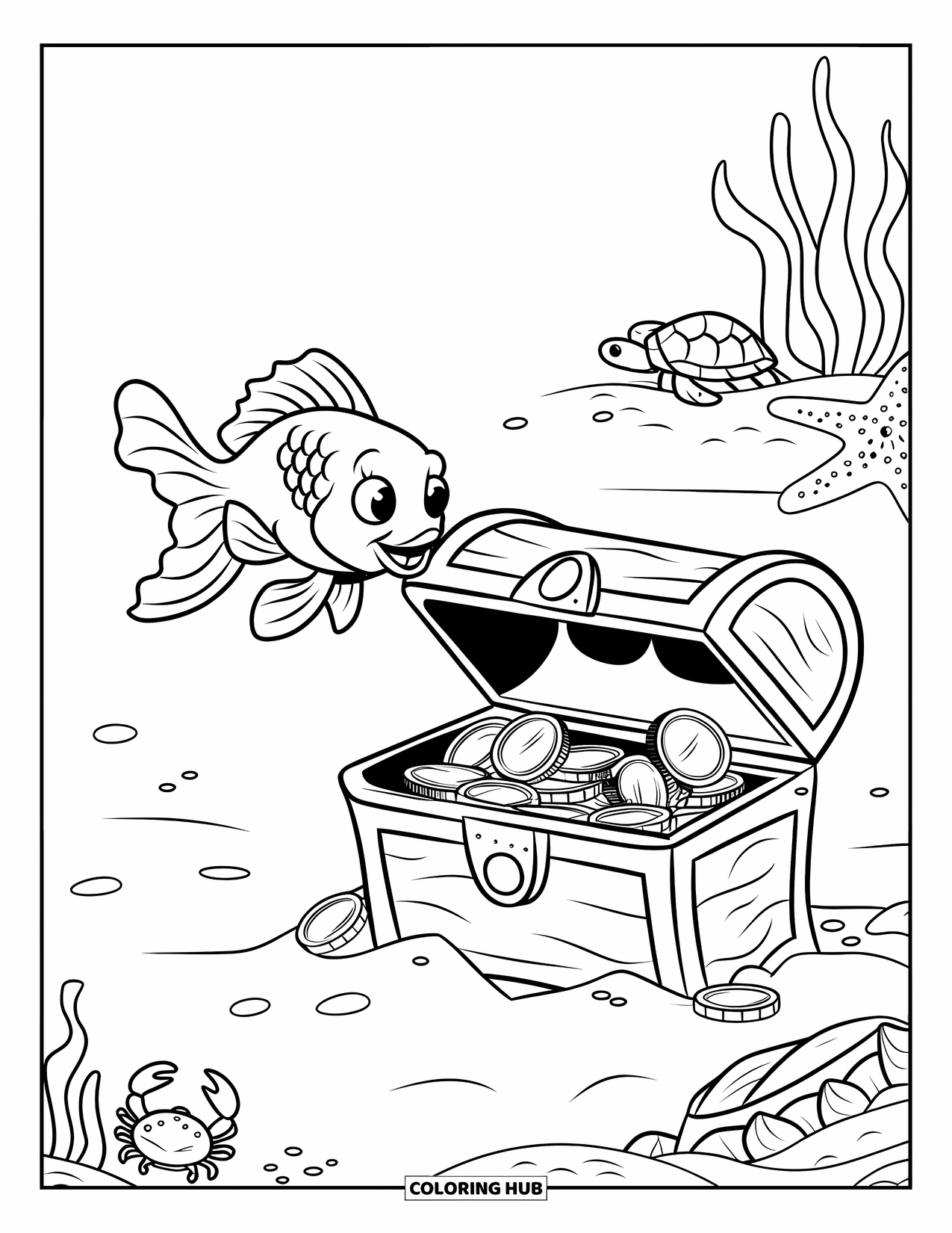 Disegno di pesce da colorare per bambini: Un pesce rosso con una coda riccia nuota vicino a uno scrigno del tesoro affondato che rovescia monete d'oro
