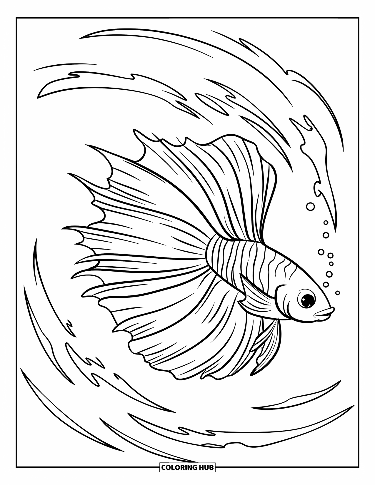 Disegno di pesce da colorare per bambini: Un grazioso pesce betta nuota attraverso vorticose correnti d'acqua, con le sue lunghe pinne che fluiscono dietro