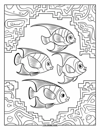 Fish Coloring Page for Kids: A group of angelfish gracefully glides through a maze of twisting coral formations