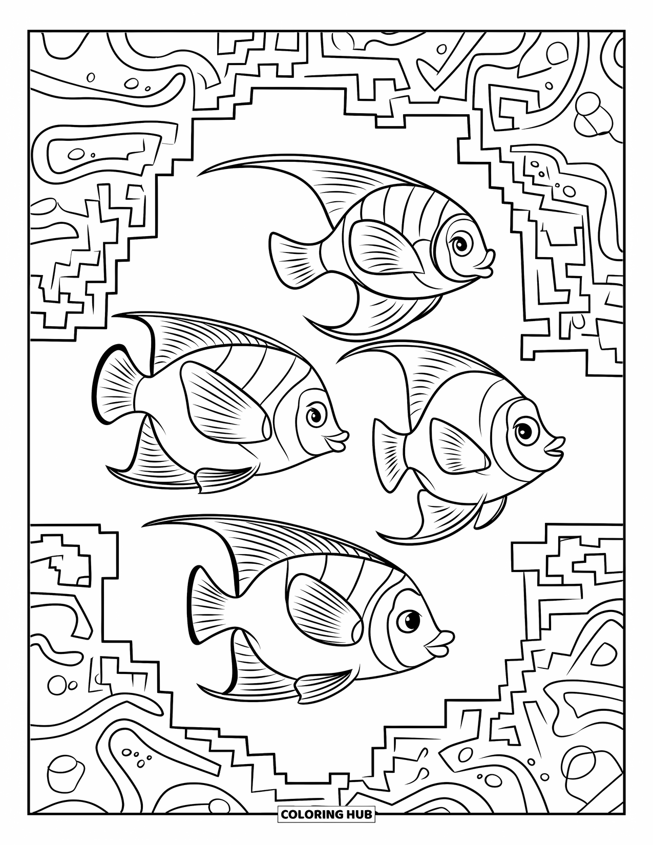 Disegno di pesce da colorare per bambini: Un gruppo di pesci angelo scivola con grazia attraverso un labirinto di formazioni coralline tortuose
