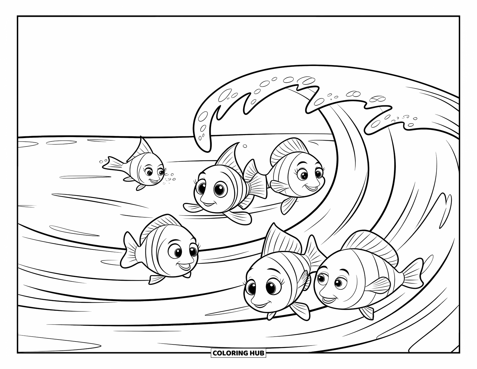 Disegno di pesce da colorare per bambini: Un gruppo di cinque simpatici pesci nuota vicino alla superficie dell'oceano, godendosi le onde delicate