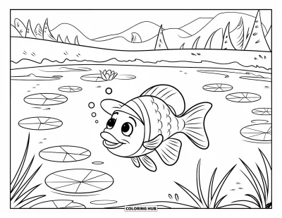 Fish Coloring Page for Kids: A happy fish wearing a hat swims among lily pads in a peaceful pond