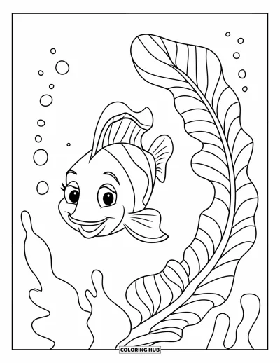 Fish Coloring Page for Kids: A happy fish with a wavy tail swims near heart-shaped seaweed in the ocean