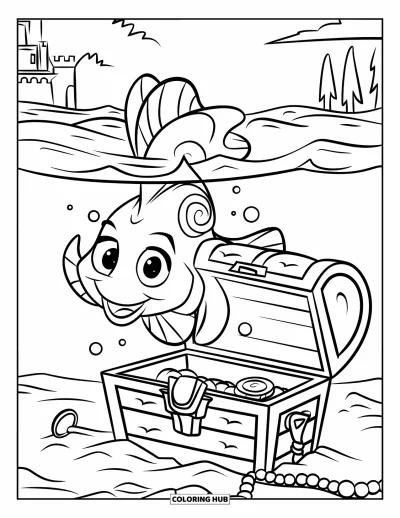 Fish Coloring Page for Kids: A happy goldfish plays near a treasure chest filled with pearls, coins, and a scepter