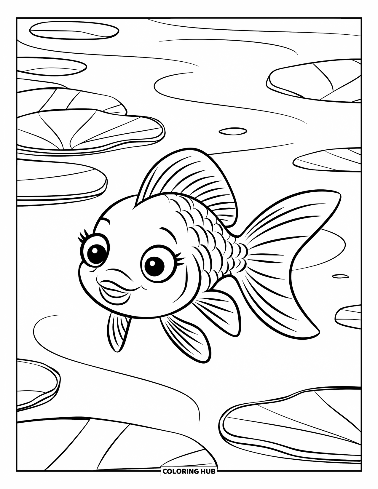 Disegno di pesce da colorare per bambini: Un felice pesce rosso con minuscole pinne nuota in un lago, circondato da alcuni fiori di loto