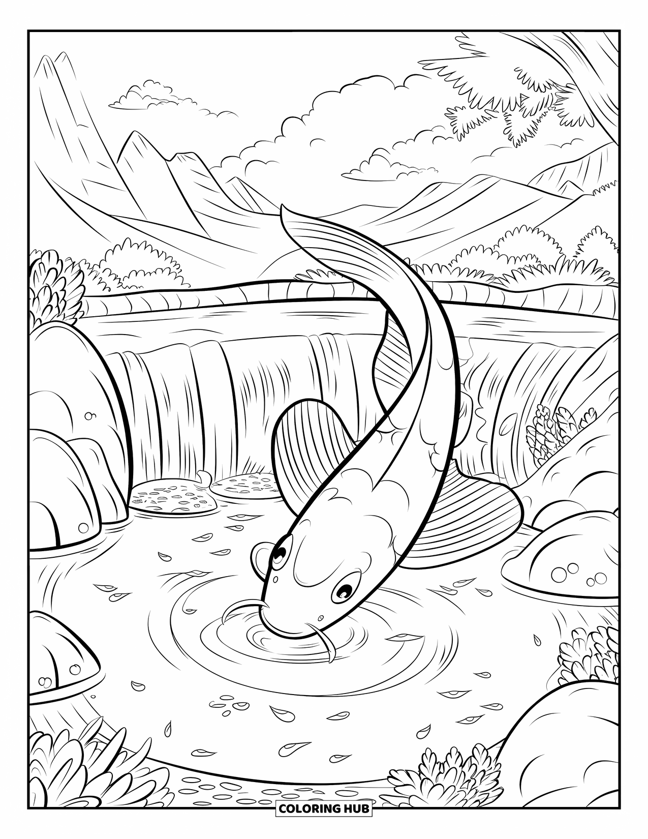Disegno di pesce da colorare per bambini: Un pesce koi galleggia attraverso un tranquillo laghetto, incorniciato da rocce, alberi e delicate increspature