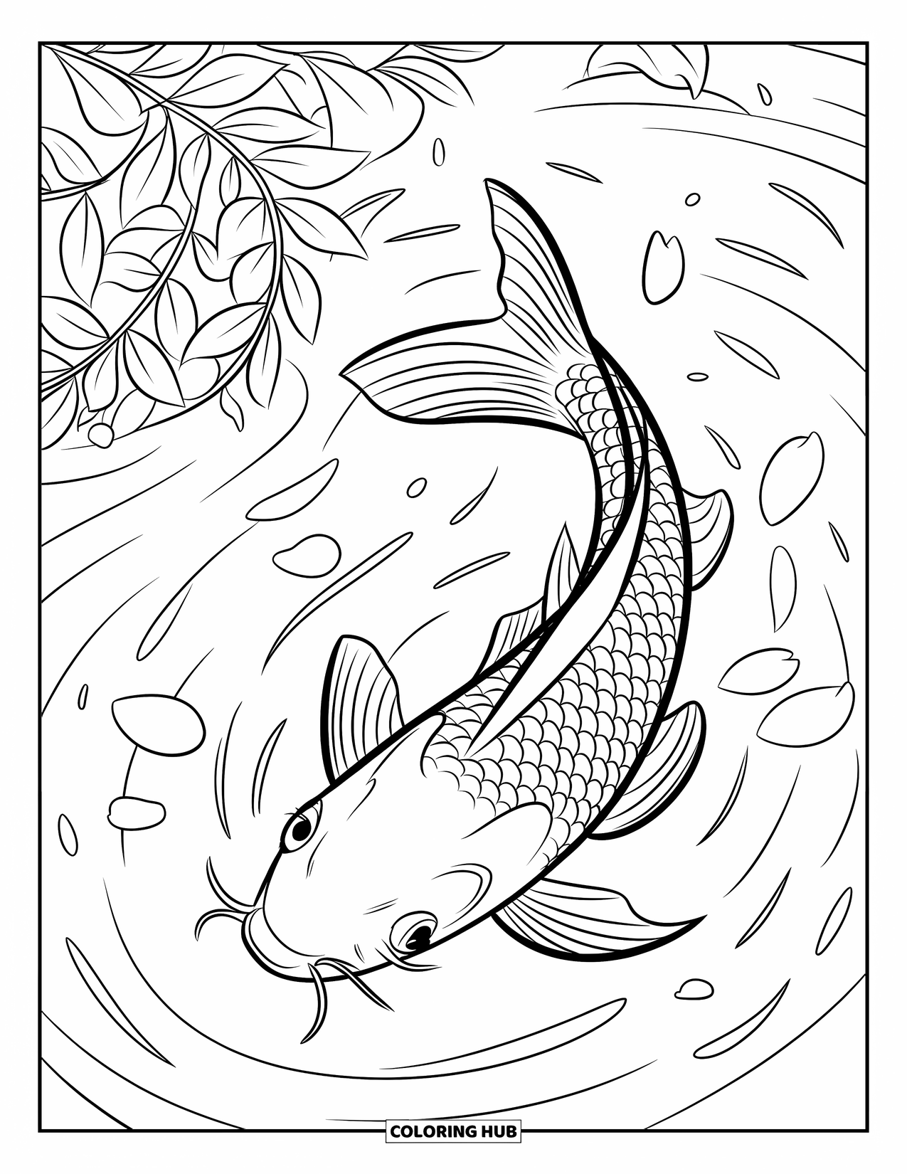 Disegno di pesce da colorare per bambini: Un pesce koi scivola attraverso un sereno laghetto, con delicati petali che galleggiano sulla superficie