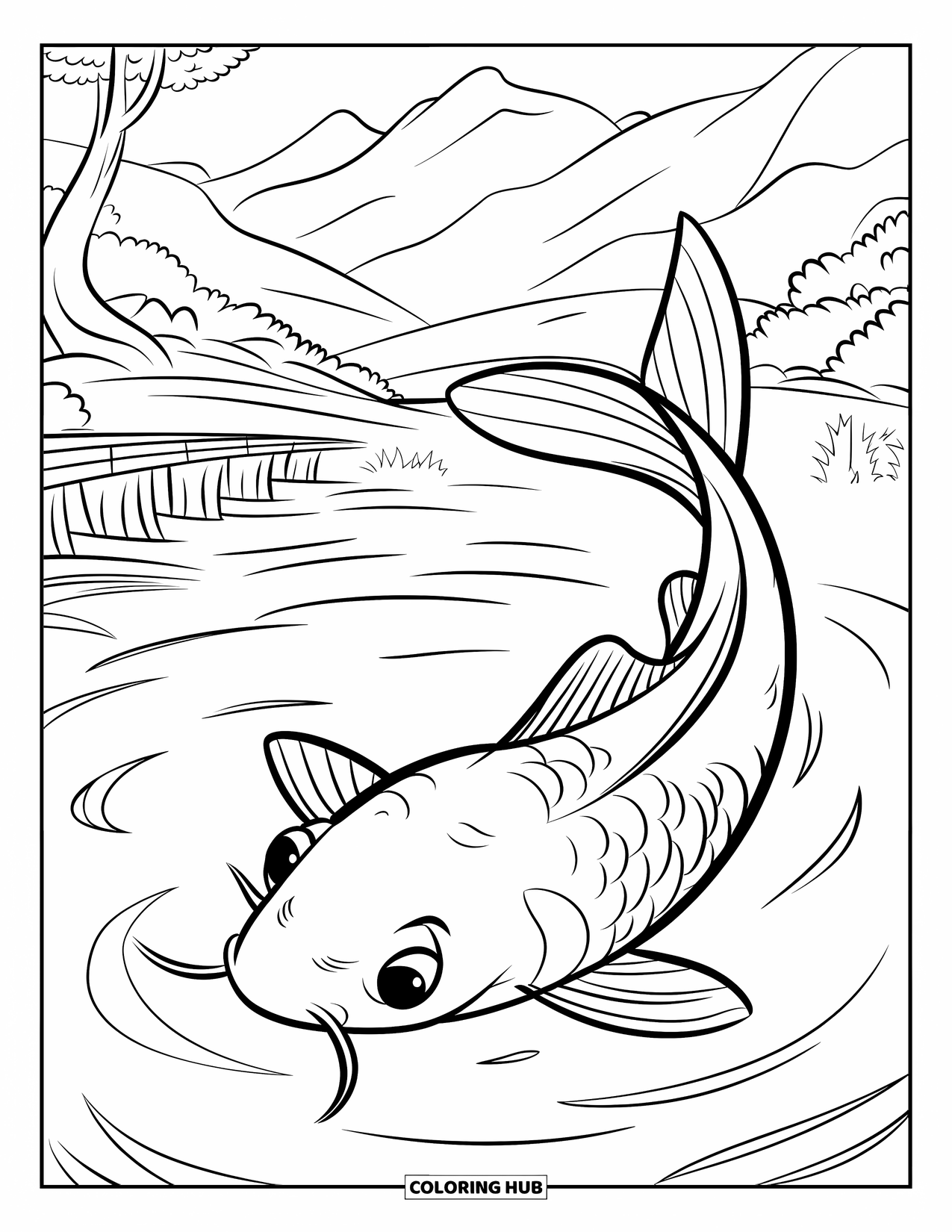 Disegno di pesce da colorare per bambini: Un pesce koi nuota in un tranquillo laghetto con delicate increspature, circondato da alberi e montagne