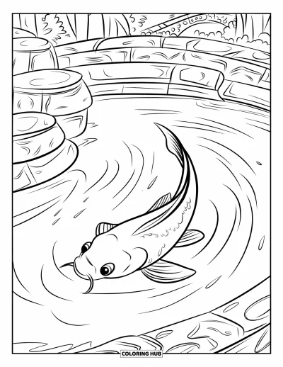 Fish Coloring Page for Kids: A koi fish swims near stone structures in a pond, framed by a lush green landscape