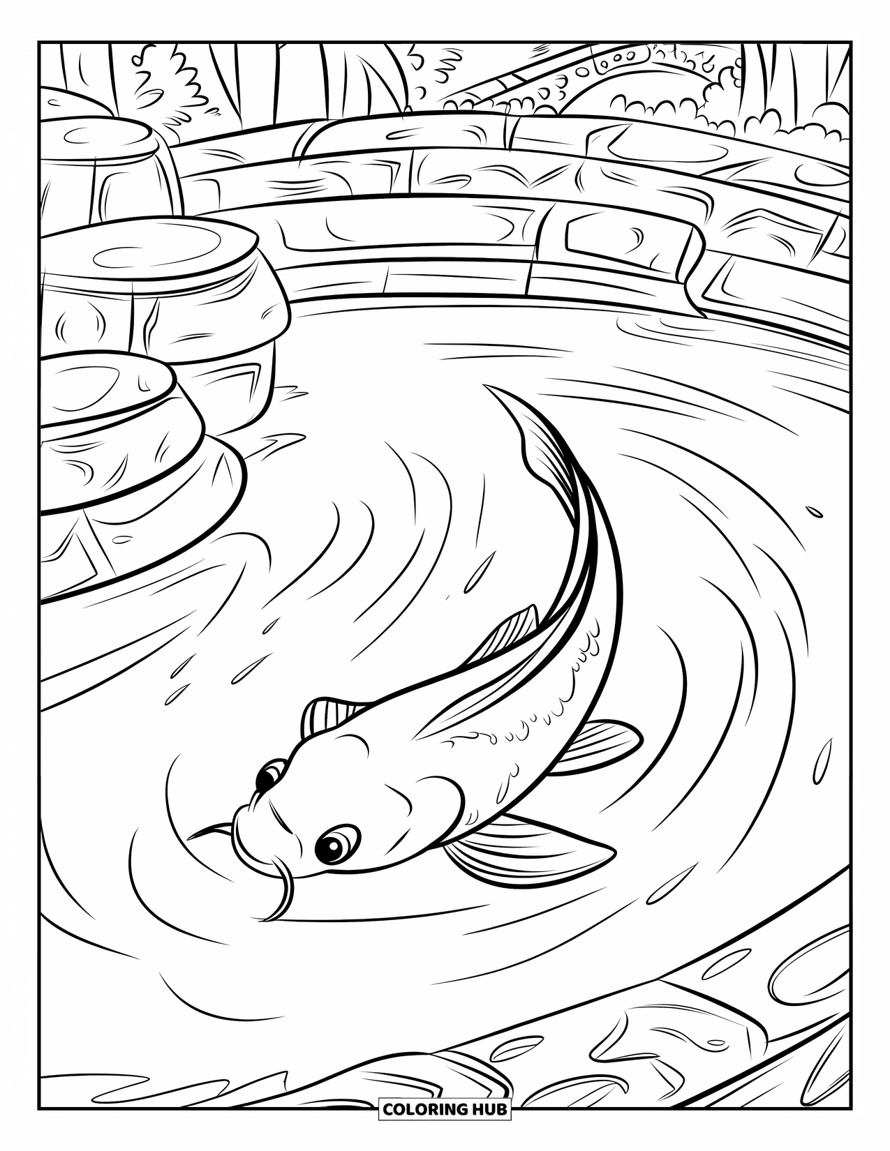 Disegno di pesce da colorare per bambini: Un pesce koi nuota vicino a strutture in pietra in un laghetto, incorniciato da un lussureggiante paesaggio verde