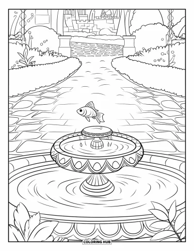 Fish Coloring Page for Kids: A lively goldfish leaps from a courtyard fountain, with plants and a distant castle view