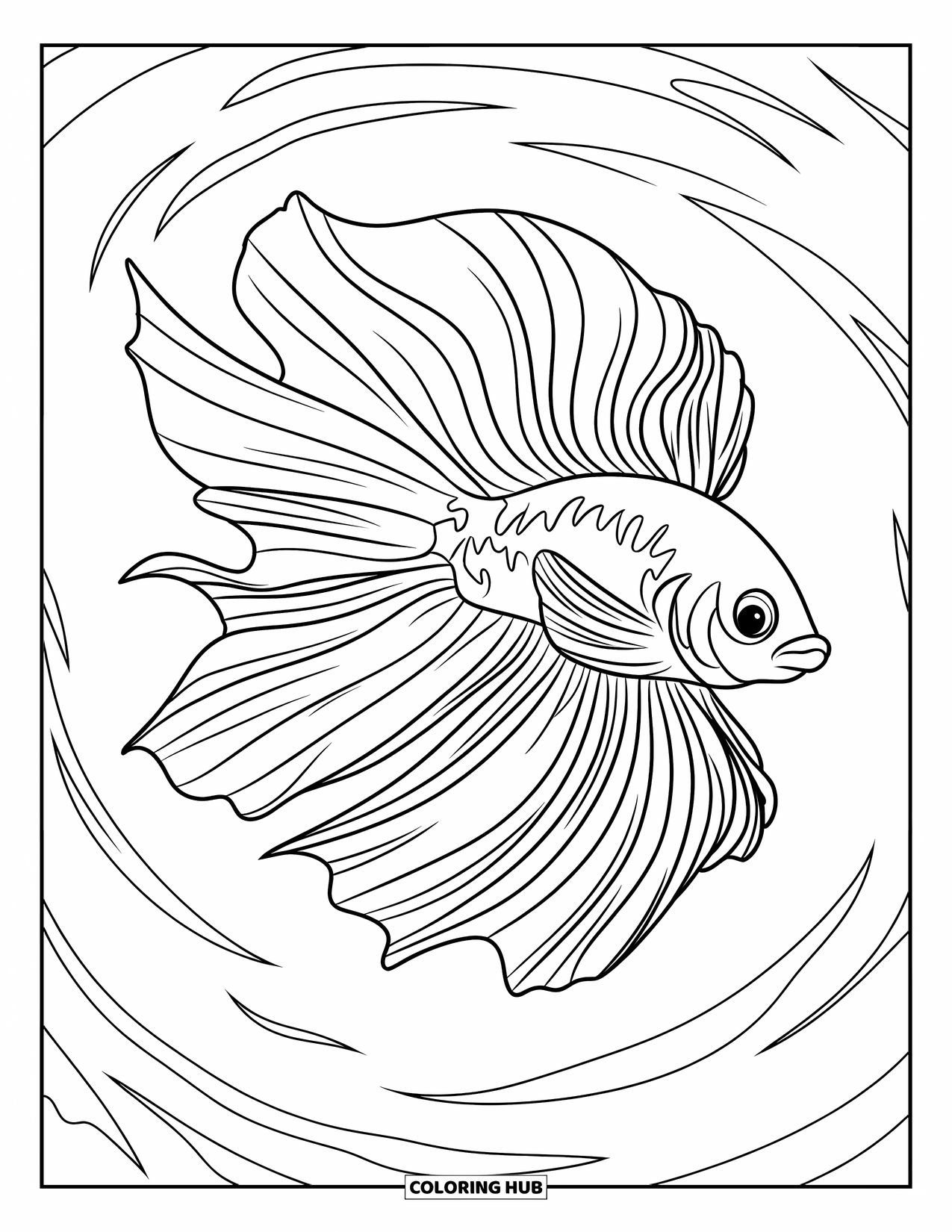 Disegno di pesce da colorare per bambini: Un maestoso pesce betta si muove con grazia attraverso l'acqua, con le sue eleganti pinne che si trascinano dietro