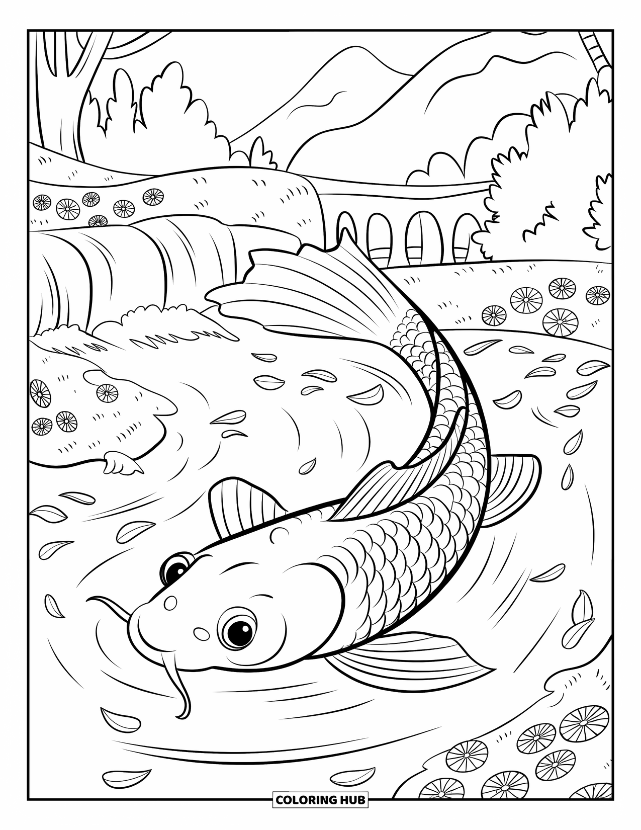 Disegno di pesce da colorare per bambini: Un mistico pesce koi nuota in un tranquillo laghetto con cascata, circondato da petali galleggianti