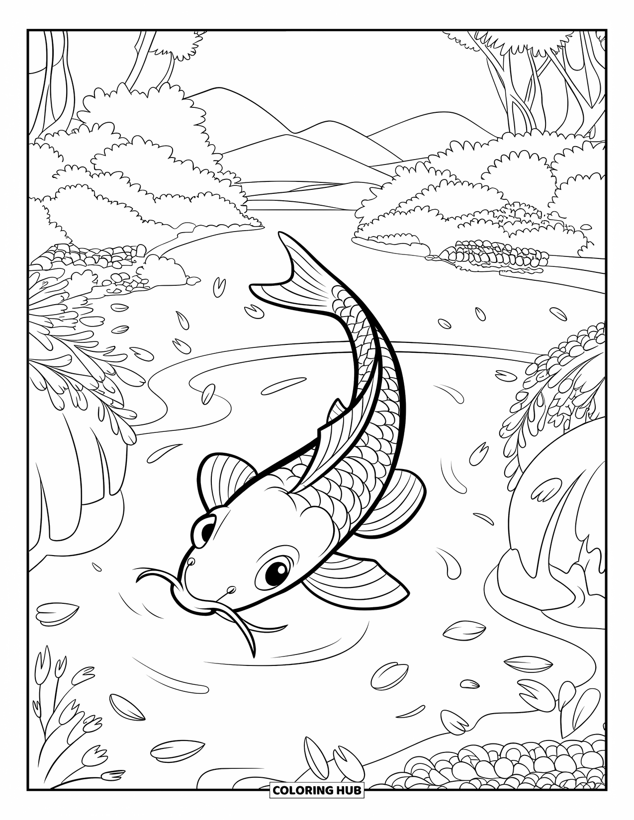 Disegno di pesce da colorare per bambini: Un mistico pesce koi nuota in un tranquillo laghetto con cascata, circondato da petali galleggianti