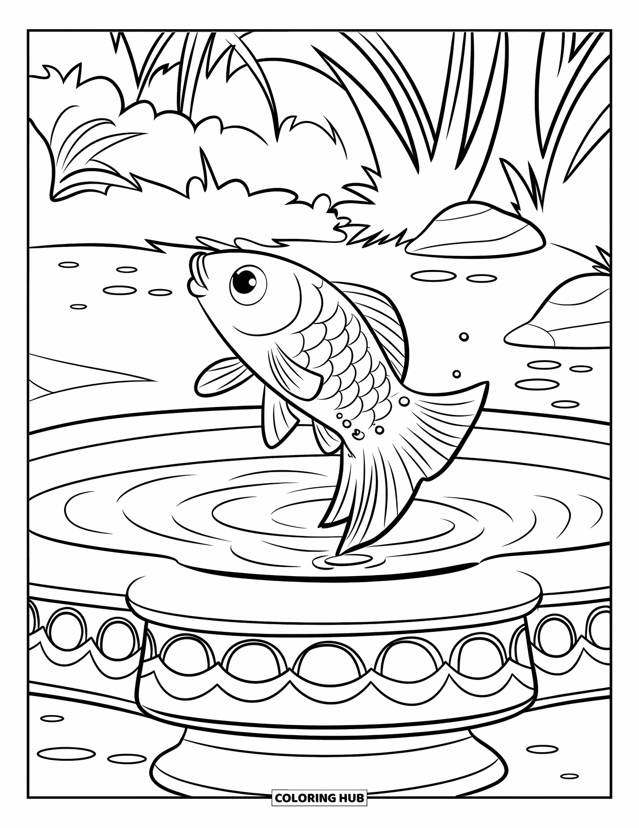 Disegno di pesce da colorare per bambini: Un giocoso pesce rosso salta da una fontana decorativa, creando delicate increspature nell'acqua