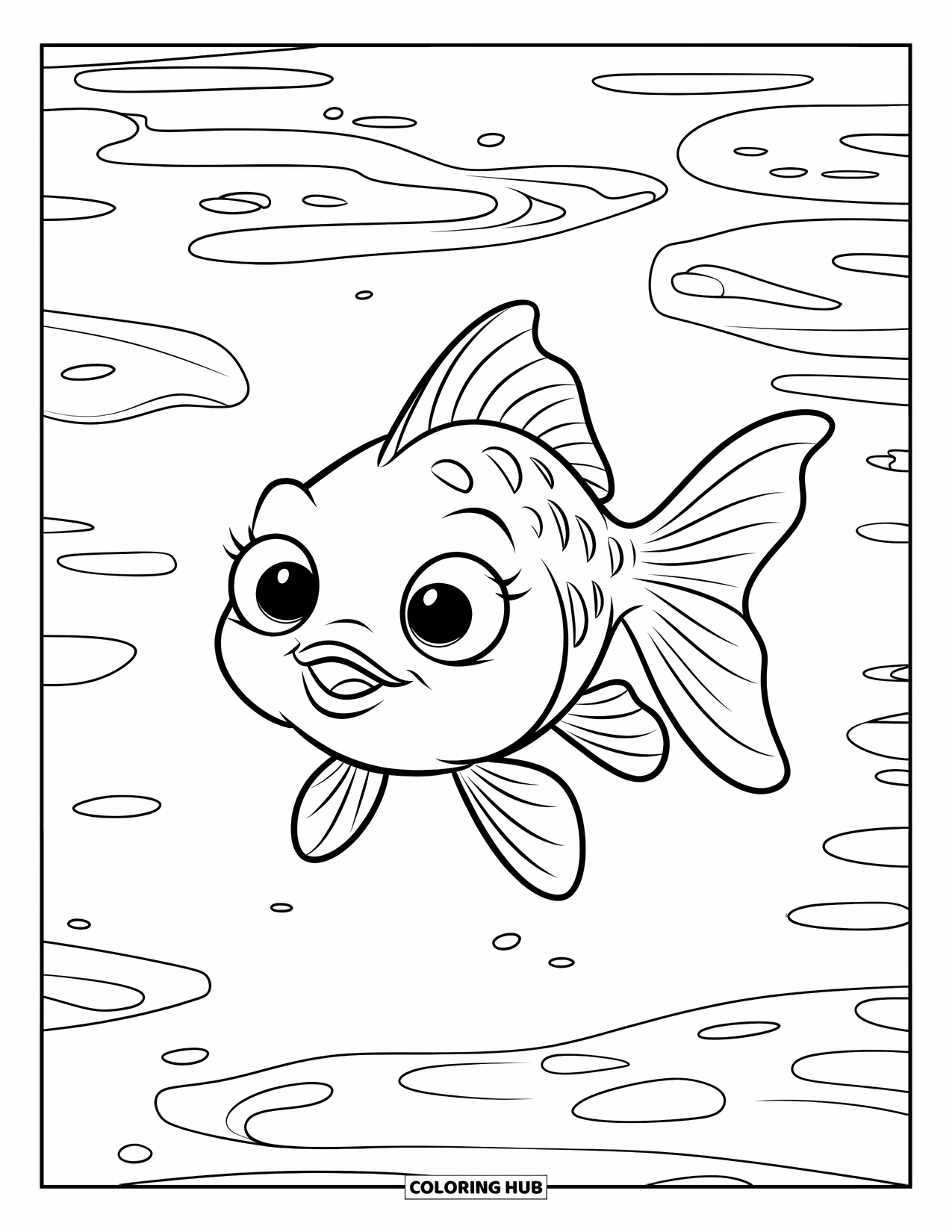 Disegno di pesce da colorare per bambini: Un giocoso pesce rosso con grandi occhi rotondi nuota attraverso delicate onde in un tranquillo laghetto