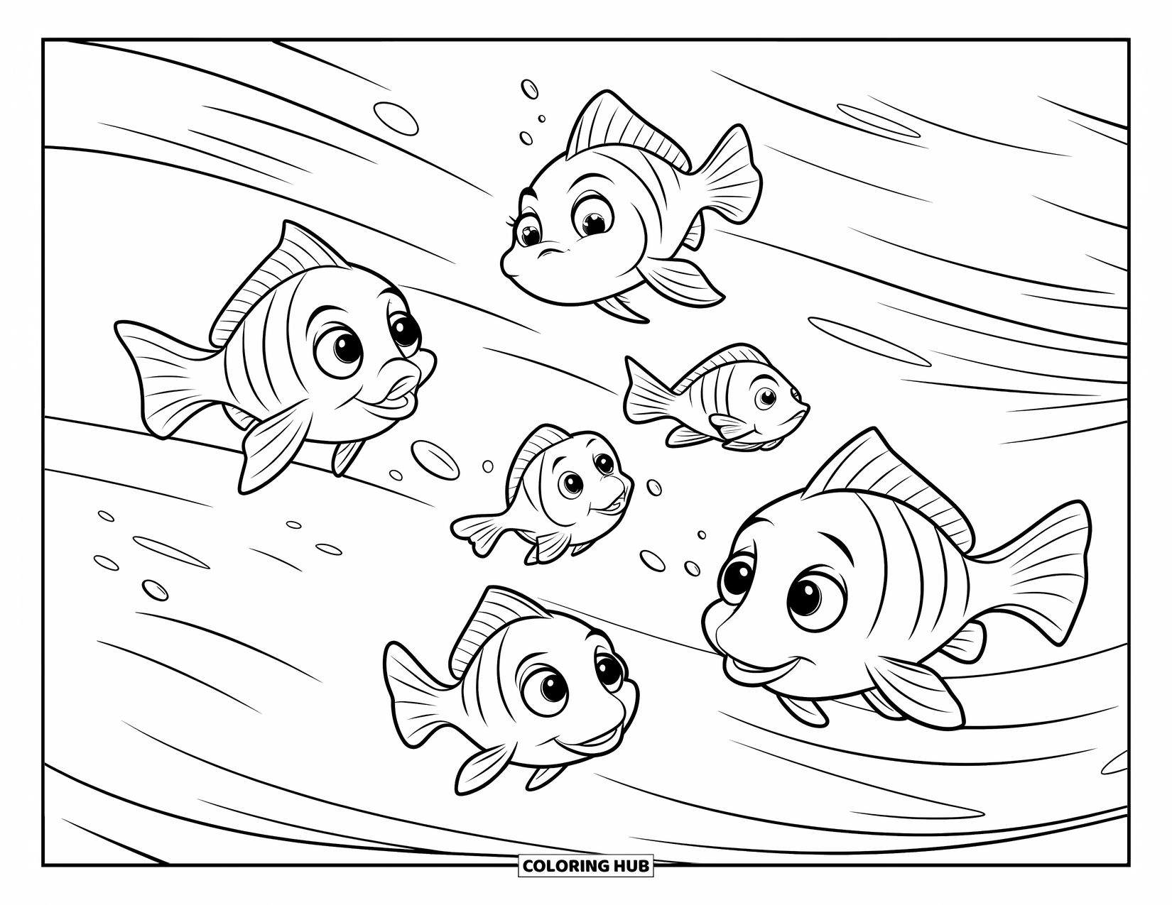 Disegno di pesce da colorare per bambini: Un gruppo giocoso di cinque pesci nuota attraverso delicate onde oceaniche, con i loro grandi occhi pieni di gioia