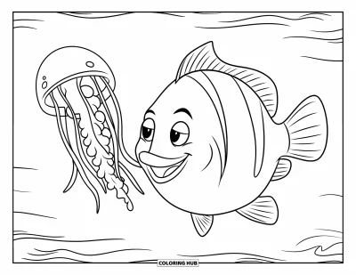 Fish Coloring Page for Kids: A plump fish with short fins swims happily alongside a jellyfish with flowing tentacles