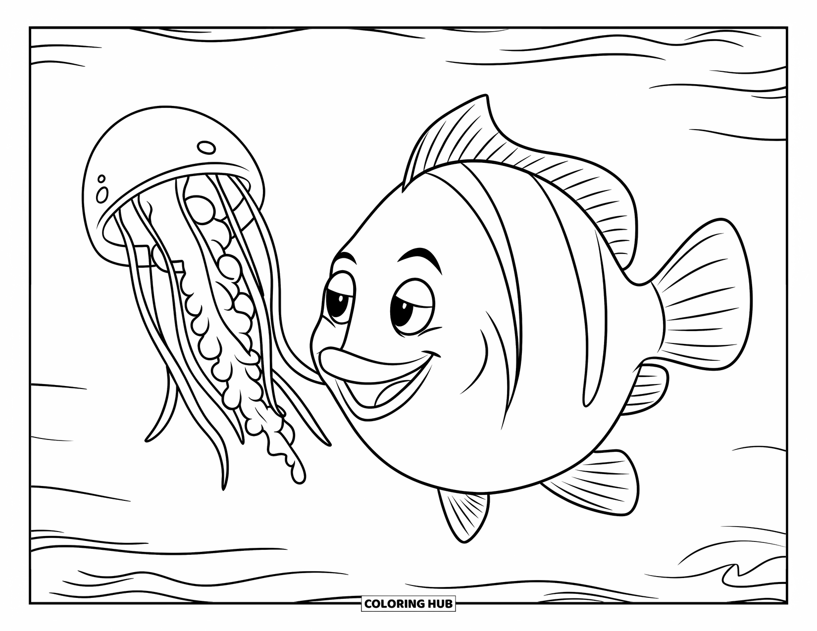 Disegno di pesce da colorare per bambini: Un pesce paffuto con pinne corte nuota felicemente accanto a una medusa con tentacoli fluenti